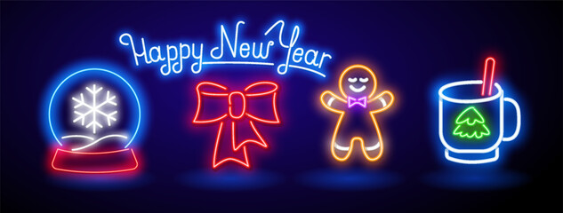 Happy new 2024 year in Neon style. New year neon for flyer design. Brochure creative design.