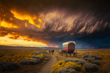 A horse and wagon on a trail in the old West. Cowboy movie. A horse and wagon on a trail in the old West. Sunset scene in cowboy movie. Great for stories of the Wild West, pioneers, vintage America.