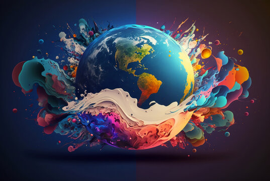 globe depicting Planet Earth with its water, landmasses and multi colored countries mapped out in space, focus on USA, abstract creative. Generative AI
