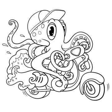Cheerful octopus in a cap rides a motor scooter, coloring book, black and white drawing