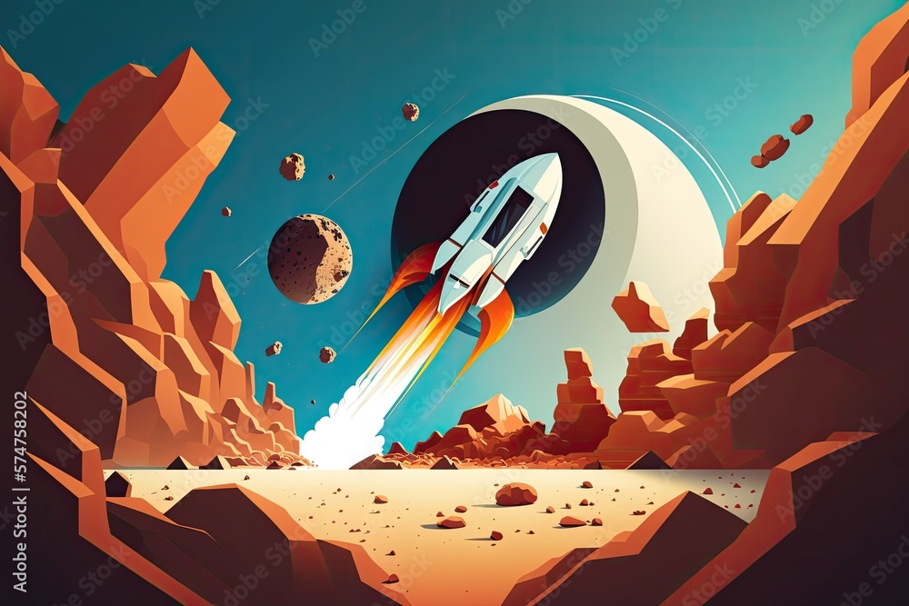 Poster spaceship blasts off into the void. planetary colonization on mars, astronomy, and space travel are 