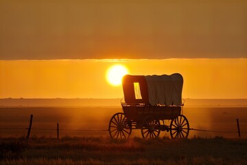 Fototapeta na wymiar A horse and wagon on a trail in the old West. Sunset scene in cowboy movie. Great for stories of the Wild West, pioneers, vintage America and more.