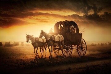 A horse and wagon on a trail in the old West. Cowboy movie.  - obrazy, fototapety, plakaty