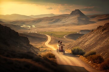 A horse and wagon on a trail in the old West. Sunset scene in cowboy movie. Great for stories of the Wild West, pioneers, vintage America and more. - obrazy, fototapety, plakaty