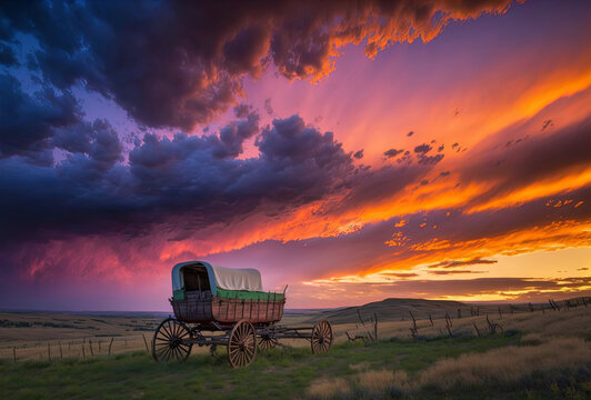 A horse and wagon on a trail in the old West. Cowboy movie. 