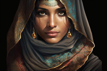 Portrait of a beautiful cultural identity of Muslim Women in traditional costume and  elegant headscarves and veils, Muslim beauty of Arabic and Islamic fashion - AI generative - obrazy, fototapety, plakaty