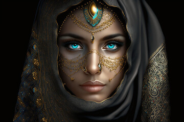 Portrait of a beautiful cultural identity of Muslim Women in traditional costume and  elegant headscarves and veils, Muslim beauty of Arabic and Islamic fashion - AI generative