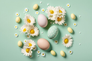 Fototapeta na wymiar Easter background with eggs and daisies, Generative AI