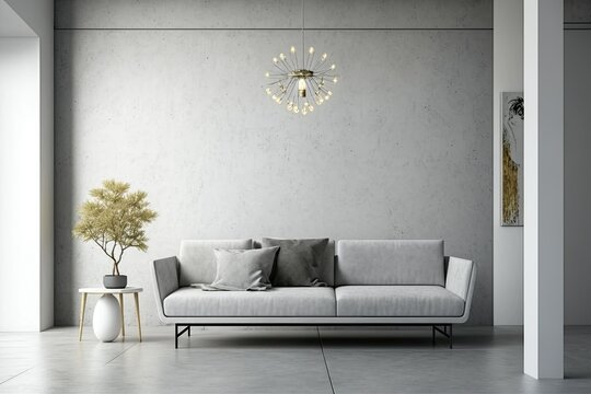 Modern bright living room with gray sofa and empty concrete wall mockup. Generative AI