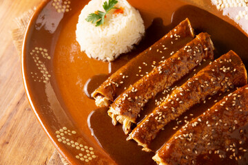 Chicken enmoladas. Also known as mole poblano enchiladas, they are a typical Mexican dish that is very popular in Mexico and the rest of the world. Table top view.