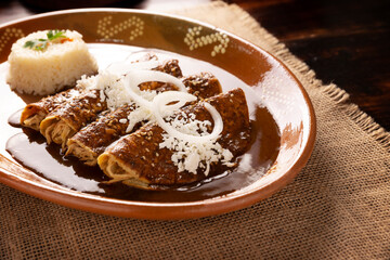 Chicken enmoladas. Also known as mole poblano enchiladas, they are a typical Mexican dish that is very popular in Mexico and the rest of the world.