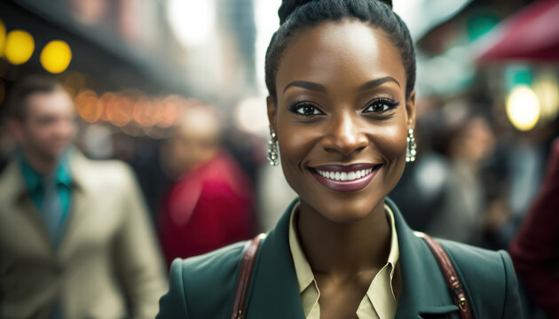  Young Smiling Black Business Woman In A Suit On A City Street. Generative AI