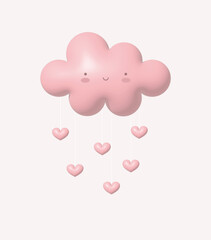 Cute Baby Shower Vector Illustration with Fluffy Pastel Pink  Smiling Cloud and Dropping Hearts.No Text.Balloon-like Cloud and Rain of Hearts isolated on an Off-White Background.Baby Girl Party Print.