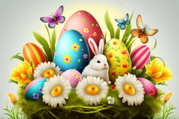 Fototapeta na wymiar Easter eggs with Bunny Background, Generative AI