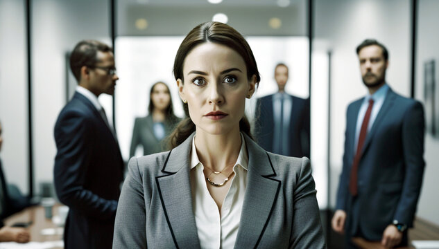 fictitious problematic situation or serious discussion at work, adult caucasian woman stands in front of a meeting or similar with people waiting for her. Generative AI