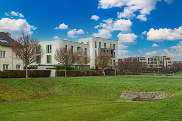 Modern urban  architecture  in Kalbach-Riedberg district (Ortsbezirk) of Frankfurt am Main city. Germany.