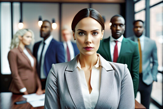an adult woman stands in the foreground, adults in the background, in a suit. Generative AI