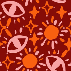 Abstract seamless pattern with circle, dots, star, eye and spots decorative elements. Hand drawn background in boho style for textile print, fabric design, wallpaper and digital paper, wrapping.