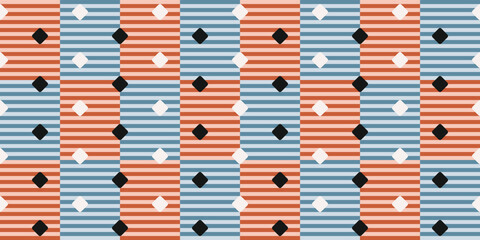 Fototapeta premium Red-blue striped background, black-white polka dots. Print for interior, surfaces, packaging, design.