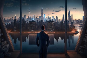 Fototapeta na wymiar Businessman Observing the City from the Office, Businessman Spying on Competitors, Business Man on Future Network City, Corporate View of Businessman, generative ai, sunset over the city