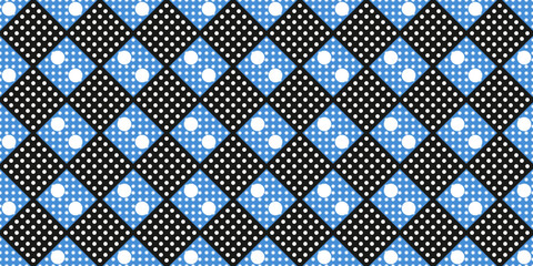 Black rhombuses repeating on a blue background, dotted pattern. Print for interior, surfaces, packaging, design.