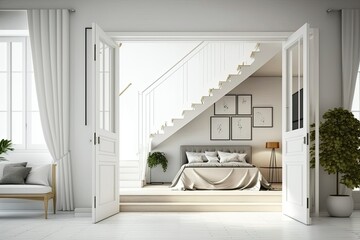 White folding door opening on modern bedroom with mezzanine, white interior design, architect designer concept, blur background, image. Generative AI