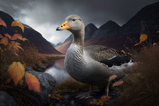 photo of a Graylag goose in a norwegian mountainous autum, generative artificial intelligence