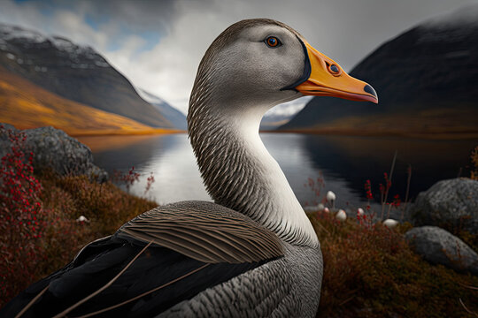 photo of a Graylag goose in a norwegian mountainous autum, generative artificial intelligence