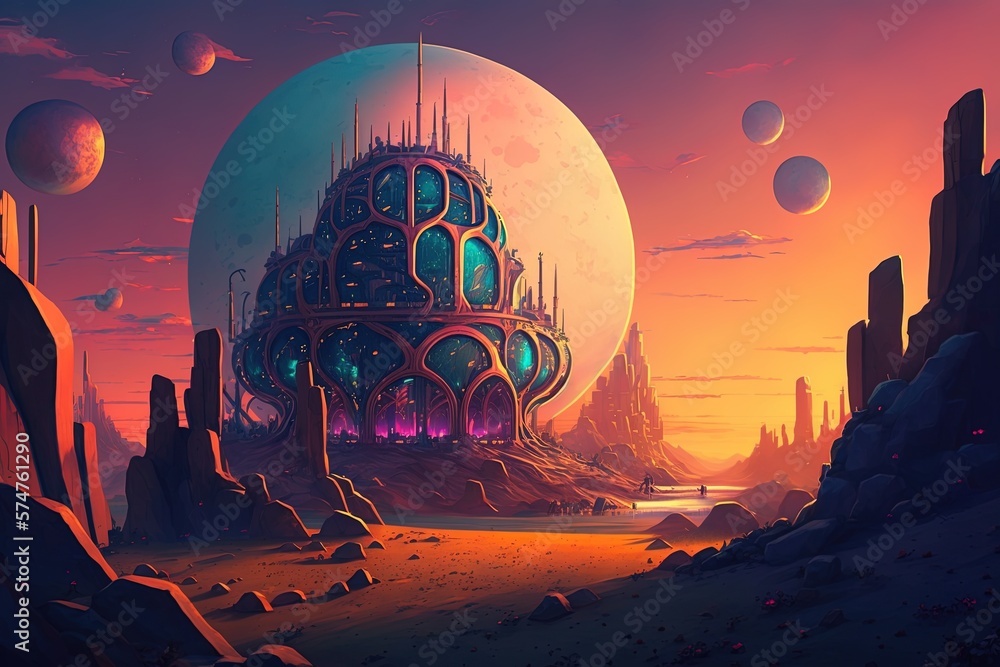 Poster dawn of a new age: a vividly hued landscape adorned with illuminated structures. generative ai