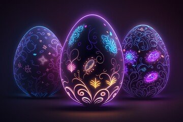 Fototapeta premium Beautiful Easter Eggs with Digital Design and Neon Lights on a Dark Background. Digital Art Illustration
