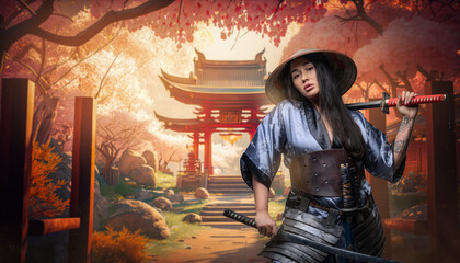 Portrait of elegant female samurai dressed in kimono and hat against temple.
