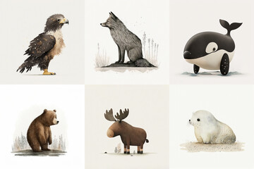 A set of six cute animals; mammal, aquatic mammal, birds from the area of Alaska, USA in watercolor, illustration made with Generative AI