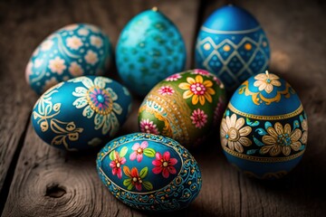 Beautiful colorful easter eggs on blue wooden