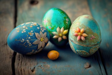 Obraz na płótnie Canvas Beautiful colorful easter eggs on blue wooden