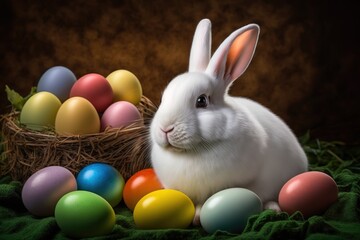 A cheerful white rabbit is sitting surrounded by colorful Easter eggs