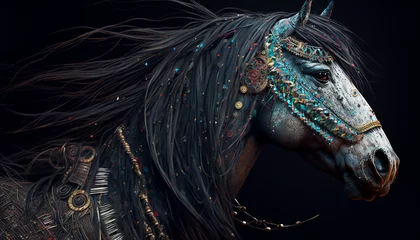 Foto op Plexiglas Horse with decoration on black background, beautiful animal, art style. Generative AI © Odin