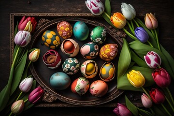 Tray of brightly colored Easter eggs surrounded by tulips