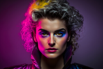 Naklejka premium Studio portrait of a young woman in 80's outfit. generative ai