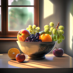 Bowl of fruit on table. Selective focus. Generative AI