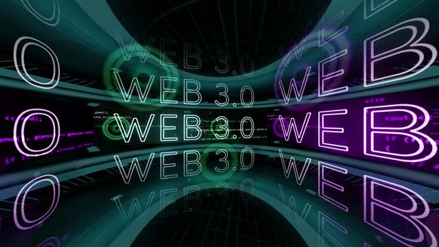 web 3.0 animation video with hud interface circle footage black background and glowing text words ai writing code