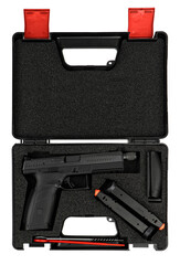 Modern semi-automatic pistol. A short-barreled weapon for self-defense. Arming the police, special units and the army. Weapon in a case for storage and transportation. Isolate on a white back.