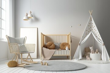 Newborn bedroom with wood cradle, chair, carpet, lamp, wall poster. Generative AI - obrazy, fototapety, plakaty