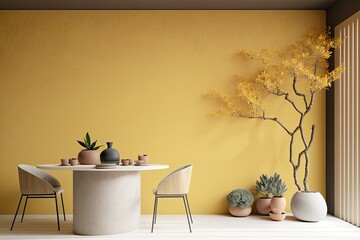 Obraz na płótnie Canvas Zen eastern dining area with table, cabinets, and tea ceremony. Walls are plastered with a beige and yellow concrete mold. background with copy space that is cozy. Showcase for relaxation, interior