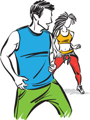 workout people couple man and woman fitness exercises dancing together vector illustration