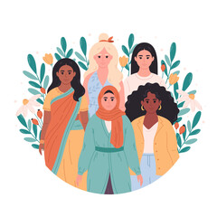 Women of different races, nationalities. International Women's Day. Feminism and women equality, empowerment. Vector illustration in flat style