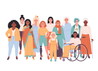 Women of different races, nationalities, ages, body types. International Women's Day. Social diversity of people in modern society. Vector illustration in flat style
