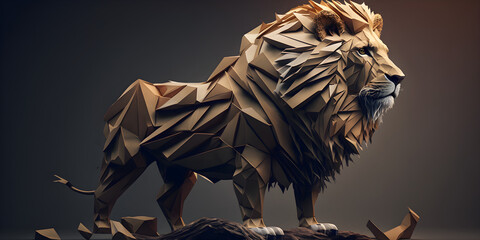 Wonderful origami of the lion king. Amazing origami animals. Beautiful abstract surreal geometric animal concept, contemporary colors and mood social background. Created with Generative AI