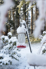 A hummingbird feeder covered with snow in a yard in Eugene, Oregon.
