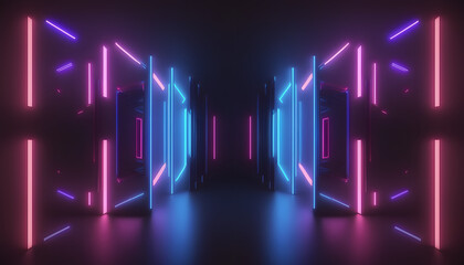 Futuristic Sci-Fi Abstract Blue And Purple Neon Light Shapes On Black Background With Empty Space For Text 3D Rendering Illustration. 