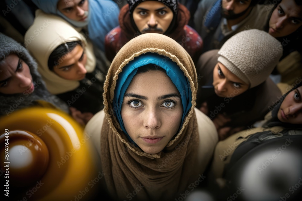 Canvas Prints muslim woman at a middle eastern city street market looking at the camera. generative ai